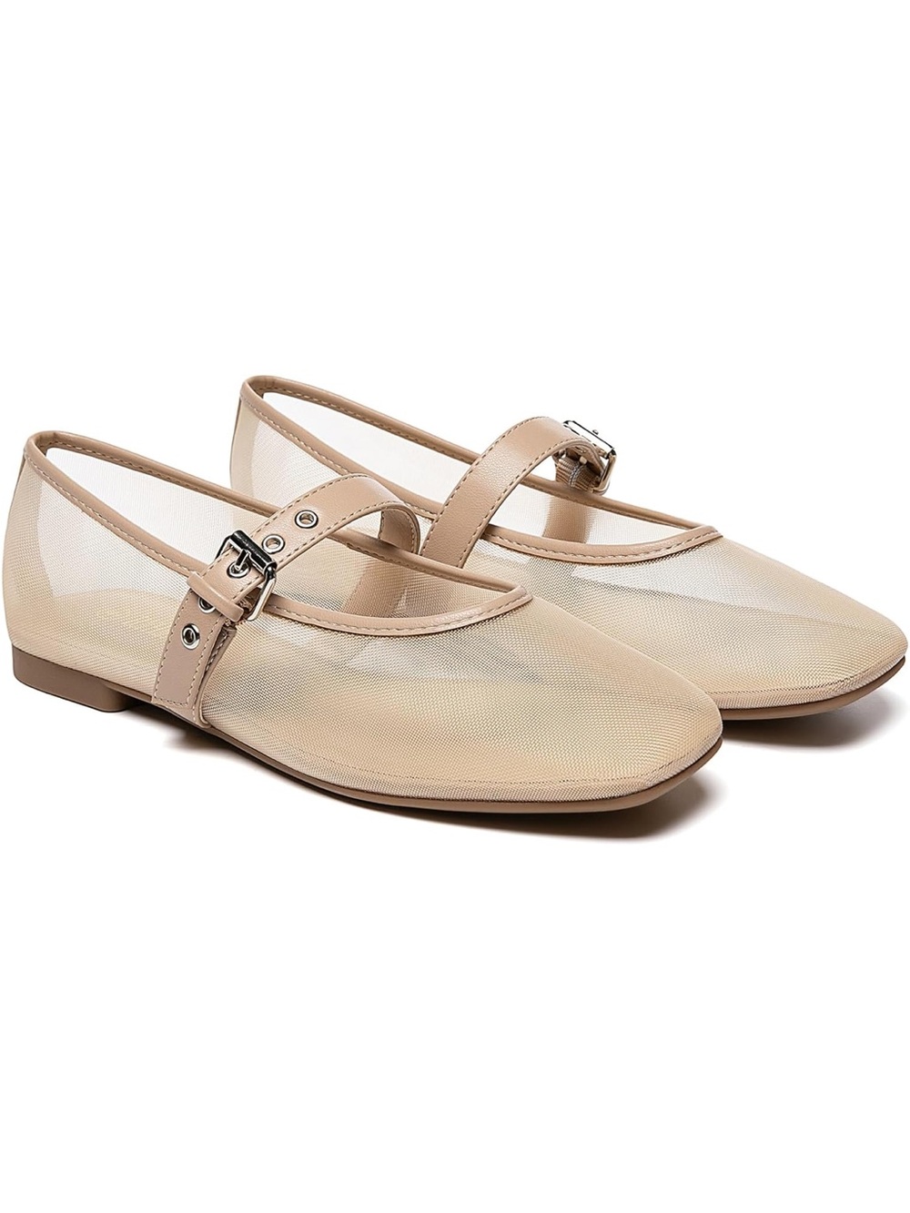 Beige Mesh Mary Jane Flats with Buckle Strap